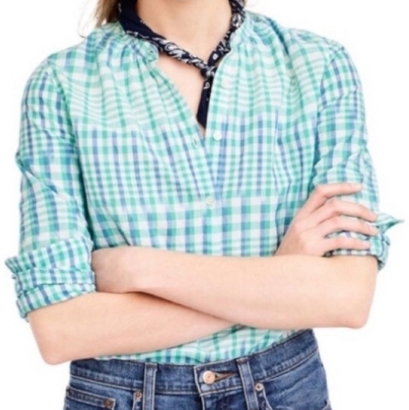 J.Crew Popover Shirt in Gingham Ikat Size 10 Large Casual Lagenlook Peasant - Picture 1 of 8